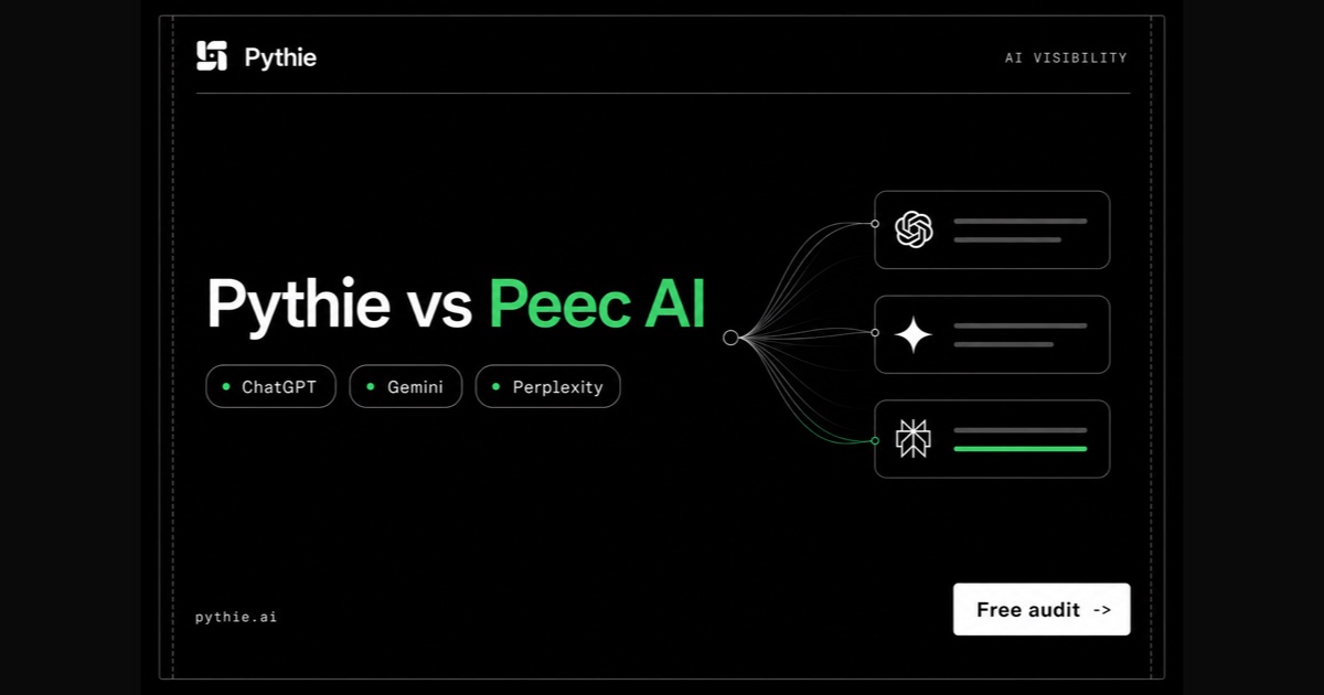 Pythie versus Peec AI, AI visibility comparison card