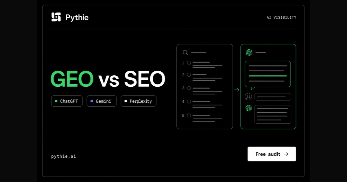 Pythie card “GEO vs SEO”: a ranked results list next to an AI answer with one line highlighted in emerald.