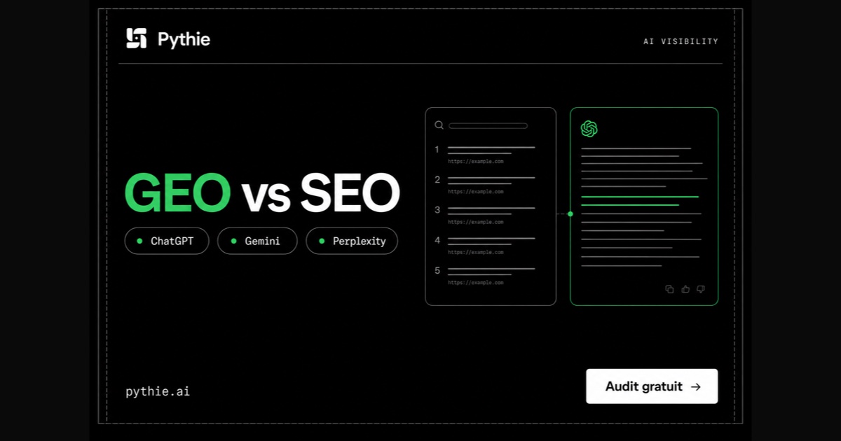 Carte Pythie « GEO vs SEO » : une liste de résultats classés face à une réponse IA dont une ligne est soulignée en émeraude.
