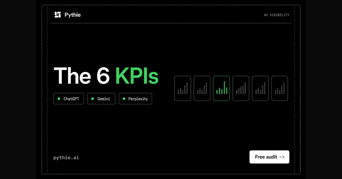 Pythie card “The 6 KPIs”: a row of six stat tiles with one highlighted in emerald.