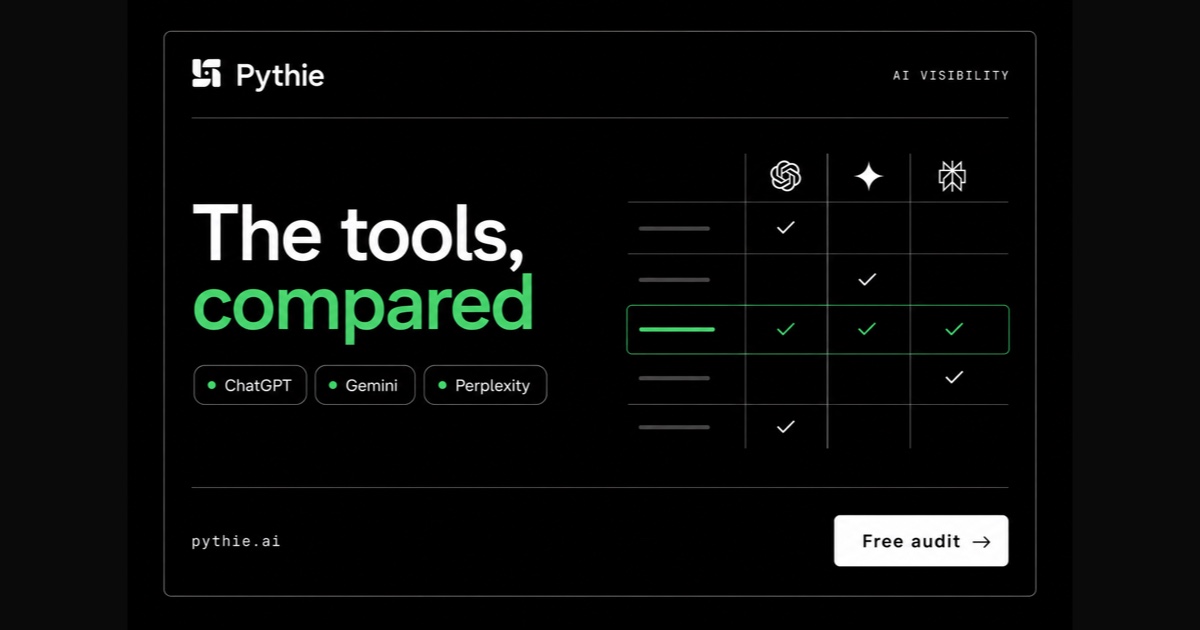 Pythie card “The tools, compared”: a comparison grid with one row highlighted in emerald.