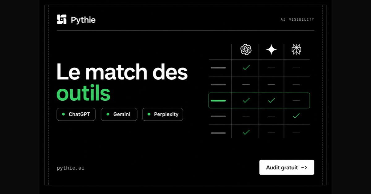 Carte Pythie « Le match des outils » : une grille comparative dont une ligne est surlignée en émeraude.