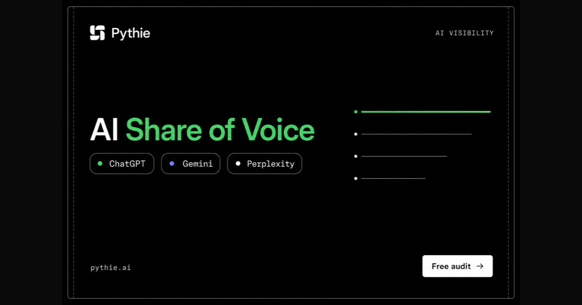 Pythie card “AI Share of Voice”: a ranking of horizontal bars with one emerald bar on top.