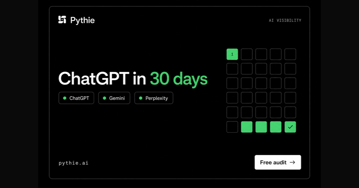Pythie card “ChatGPT in 30 days”: a calendar grid with day 1 and the final days filled in emerald.