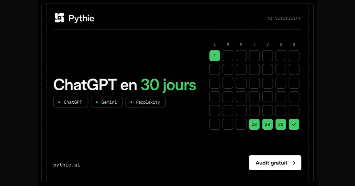 Carte Pythie « ChatGPT en 30 jours » : un calendrier dont le jour 1 et les derniers jours sont remplis en émeraude.