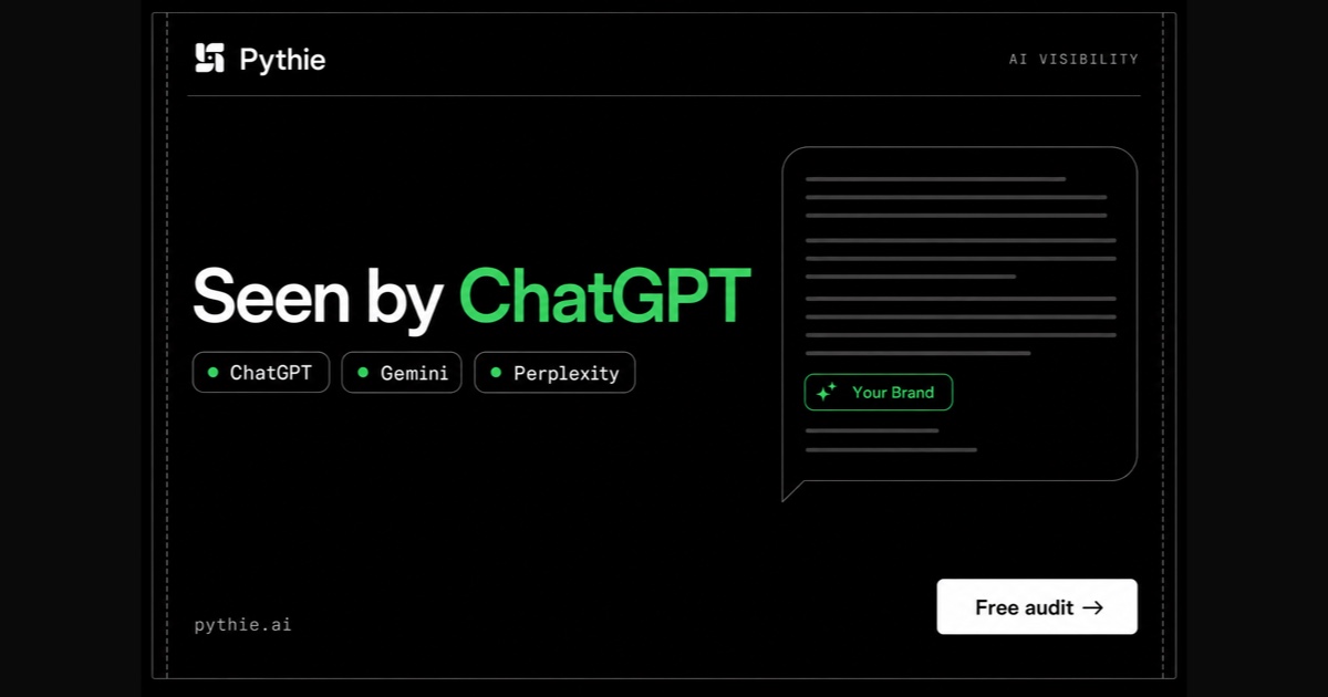 Pythie card “Seen by ChatGPT”: an answer bubble with a brand pill highlighted in emerald.
