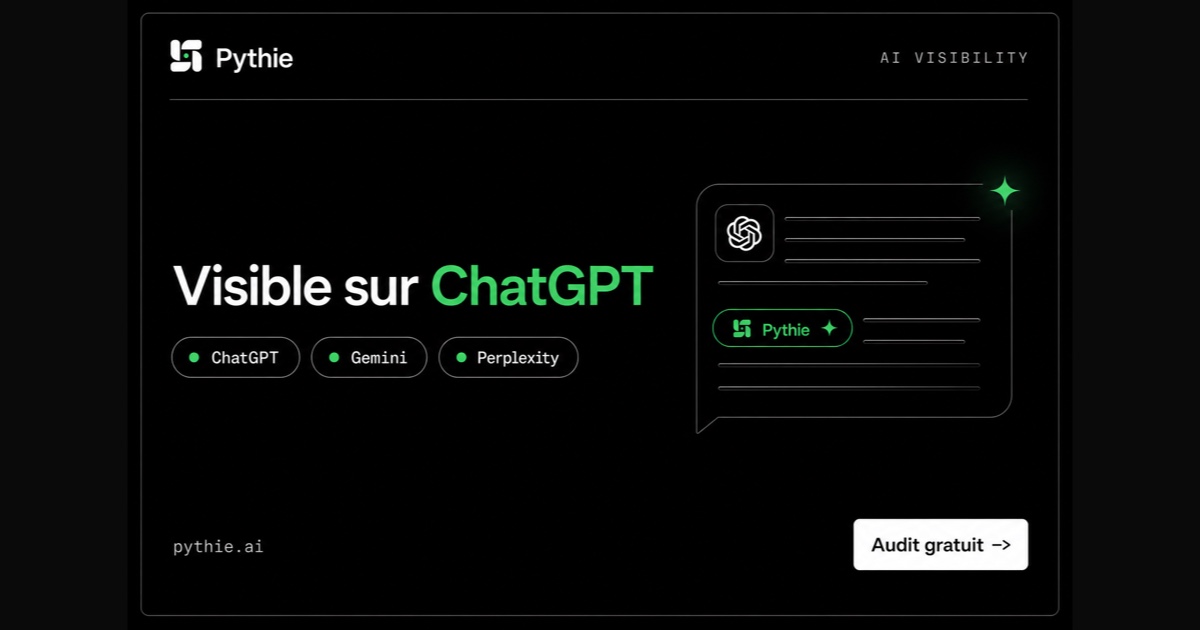 Carte Pythie « Visible sur ChatGPT » : une bulle de réponse où une pastille Pythie est mise en évidence en émeraude.