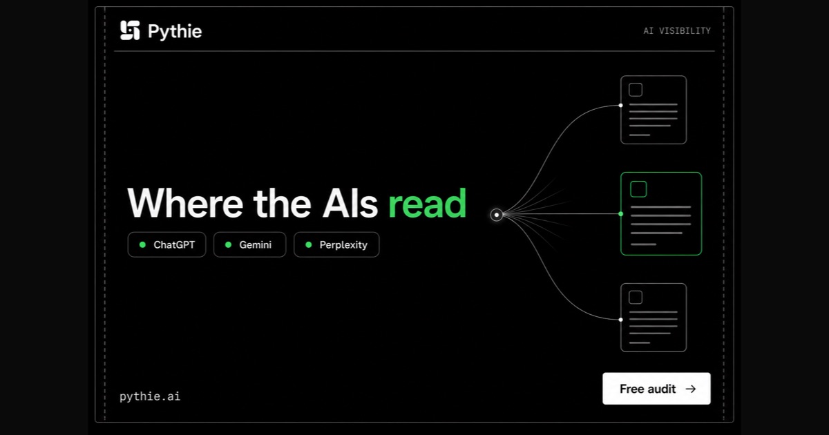 Pythie card “Where the AIs read”: lines from a node to source cards, one outlined in emerald.