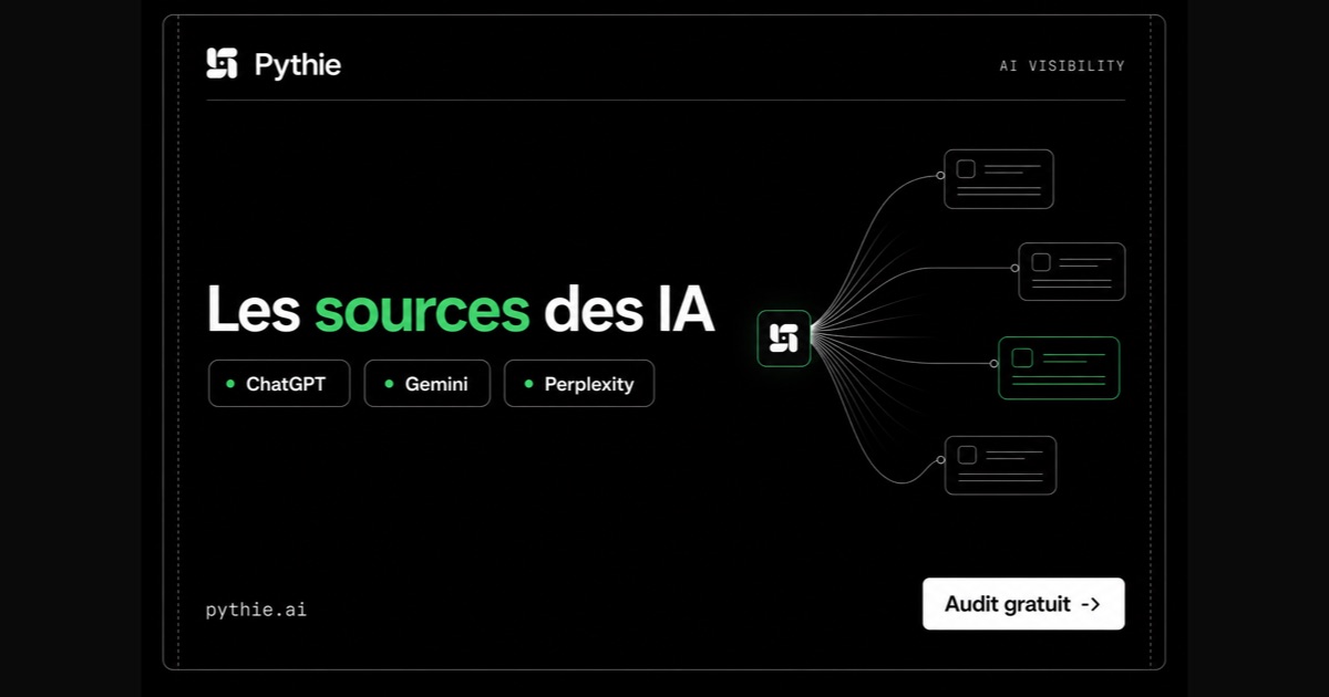 Carte Pythie « Les sources des IA » : des liens partent d’un nœud vers des cartes de sources, dont une émeraude.