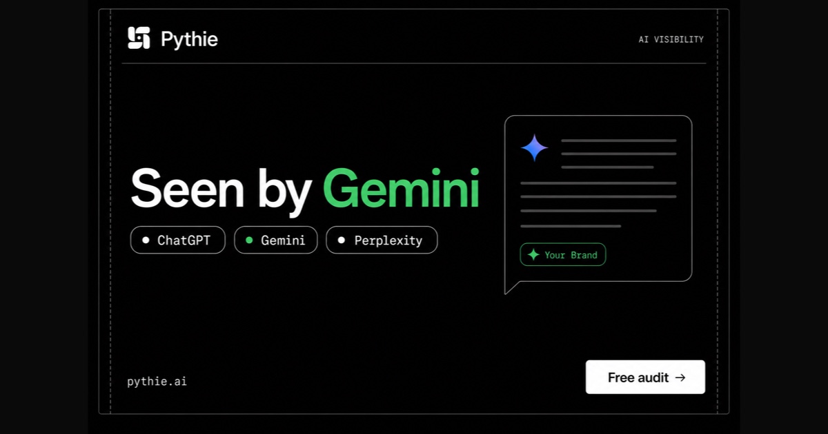 Pythie card “Seen by Gemini”: an answer bubble with a Gemini star and a “Your Brand” pill in emerald.