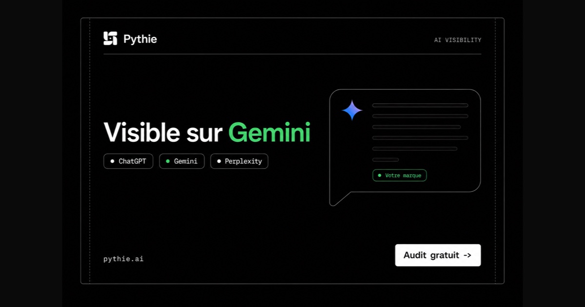 Carte Pythie « Visible sur Gemini » : une bulle de réponse avec une étoile Gemini et une pastille « Votre marque » en émeraude.