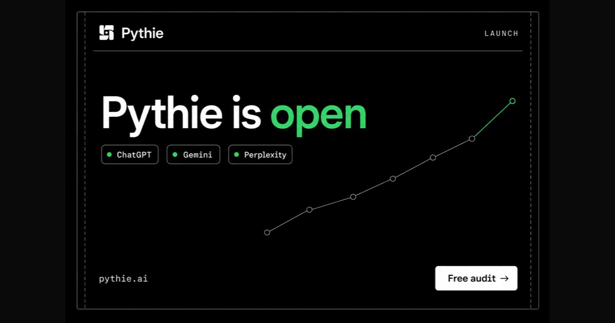 Pythie card “Pythie is open”: a weekly line chart climbing to an emerald final point.