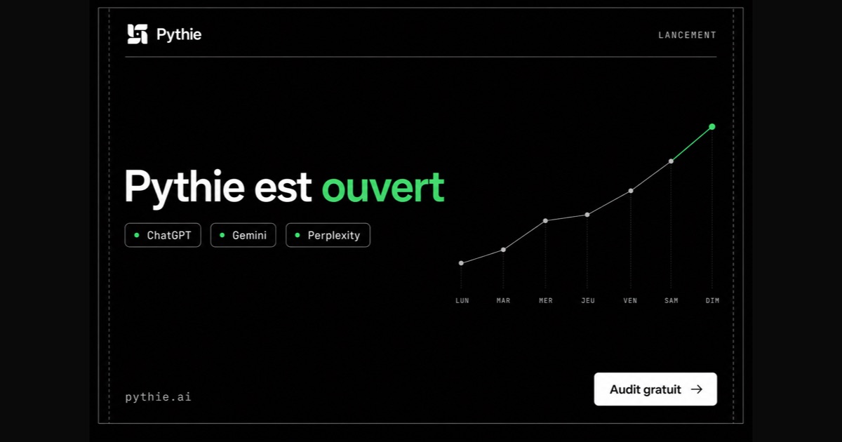 Carte Pythie « Pythie est ouvert » : une courbe hebdomadaire qui monte vers un point émeraude.