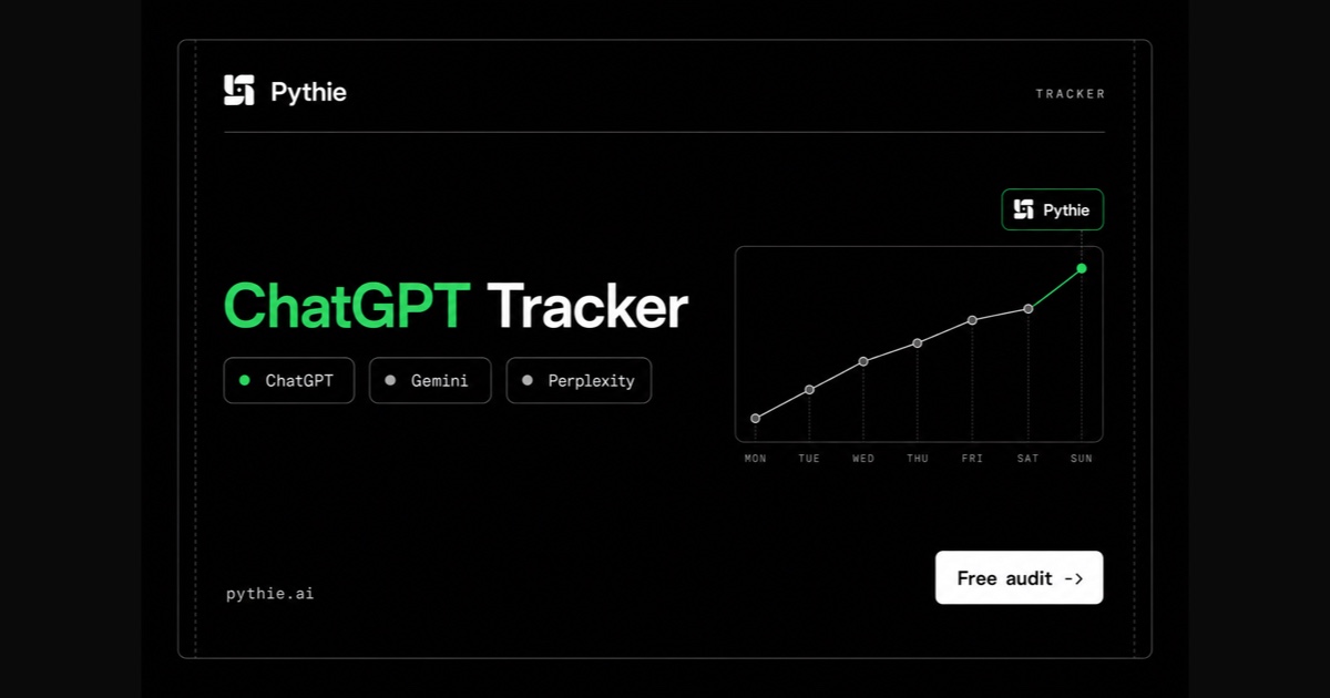 Pythie card “ChatGPT Tracker”: an ascending weekly tracking line ending in an emerald dot under a Pythie pill.