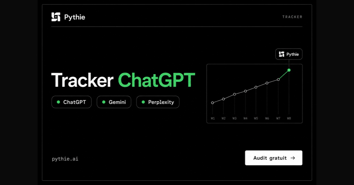 Carte Pythie « Tracker ChatGPT » : une courbe de suivi hebdomadaire ascendante terminée par un point émeraude sous une pastille Pythie.